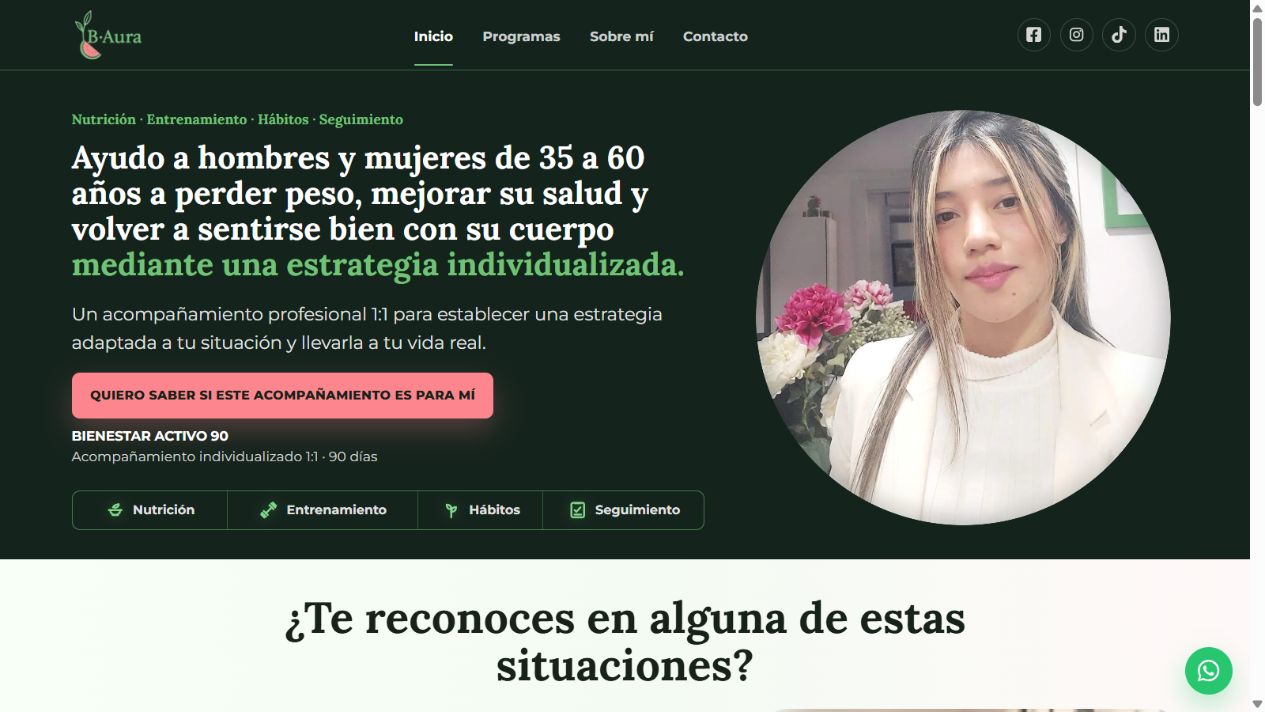 Captura de la portada de B-Aura, web de nutrición y entrenamiento