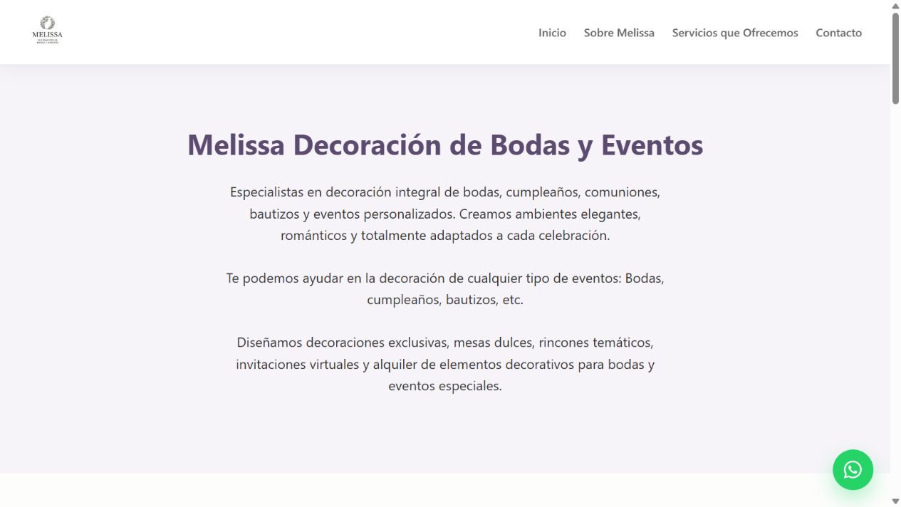 Captura de la portada de Melissa Eventos, web de decoración de bodas y eventos